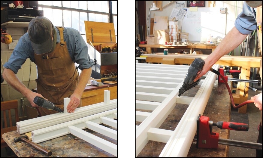 To complete the rail section, he first pinned the short spacer balusters to the dado in the base of the upper rail (left), then clamped the upper rail to the rest of the assembly and finished pinning everything together with a brad nailer (right).