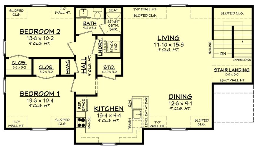 Garage plan with apartment above, upper floor plan. See details at Houseplans.com.