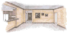 Two views from near the back door of the original and revised plans highlight the effect of the added circulation galleries. In the original plan.