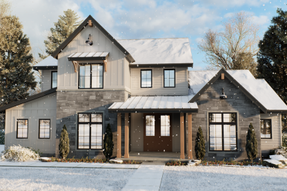 Farmhouse plan with four bedrooms, front exterior. See more views at Houseplans.