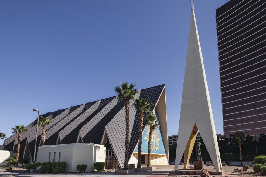 Guardian Angel Cathedral: Designed by pioneering African American architect Paul Revere Williams, the Guardian Angel Shrine opened in 1963 and became a cathedral upon the creation of the Diocese of Las Vegas in 1995. Its A-frame design features a large mosaic over the main entrance by Los Angeles artist Edith Piczek.