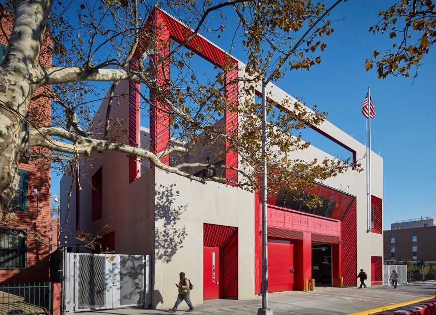 Red “baguettes” from Boston Valley Terra Cotta frame the windows, doors, and voids of Rescue Company 2.