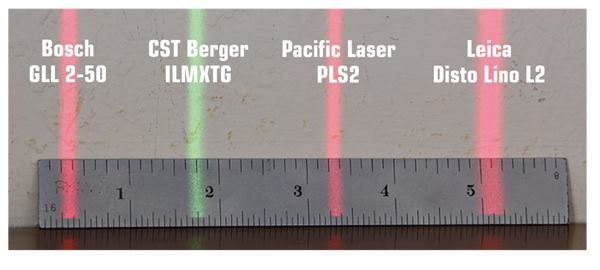 At 55 feet, most of the beams have spread to about 1/8 inch wide. These are the four brightest beams at that distance. Note how the beam from the Leica has spread to about 1/4 inch wide.