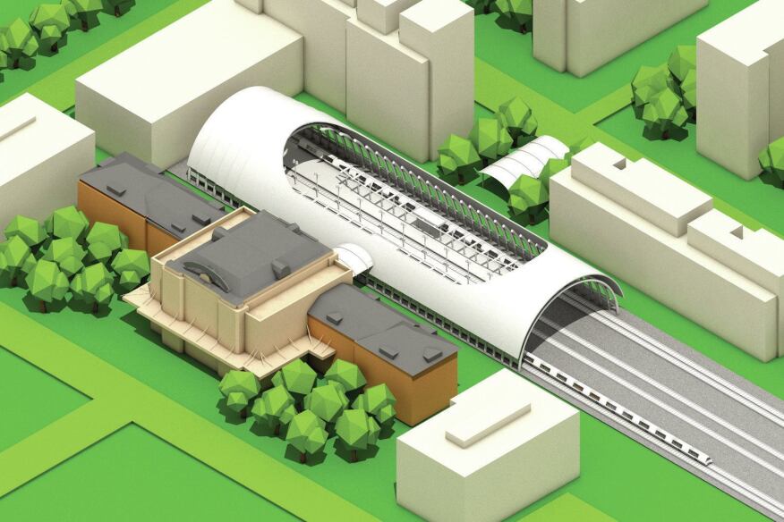 Behind the 1914 Beaux-Arts-style station to the left, SOM has designed a new transit hub for Amtrak trains and light rail.