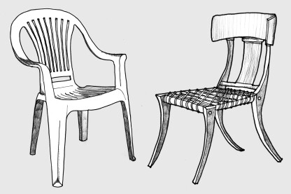 Monobloc plastic patio chair and the Klismos chair