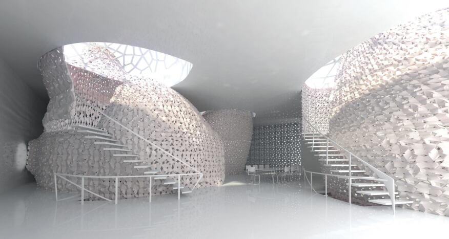 The 3D Printed House 1.0 for Jin Hai Lake Resort in Beijing is a case study in integrating traditional building components and volumes produced with 3D-printed salt polymers and fiber-reinforced cement polymers developed by Emerging Objects.