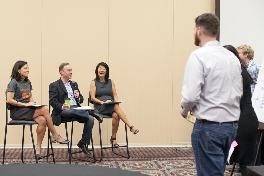 The jury (l to r: Asperin-Clyman, Gold, and Choun) reacts to the pitch by the ultimate winners of the EQxD Hackathon.