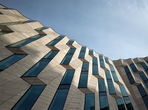 A close-up view of the building's multidimensional façade.