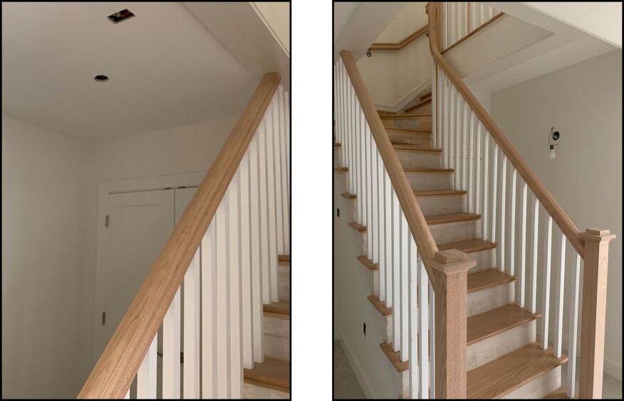 The minimum 4 3/4-inch headroom requirement is met where the left handrail intersects the ceiling (left). Headroom between the ceiling at the edge of the floor opening and the stair directly below is also adequate (right); this height must be at least 6 feet 8 inches.