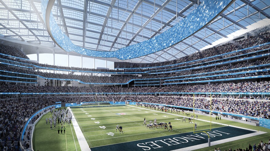 A rendering of the forthcoming Los Angeles NFL Entertainment District Stadium featuring an expansive ETFE roof and ample daylighting on the field of play and in the bowl.