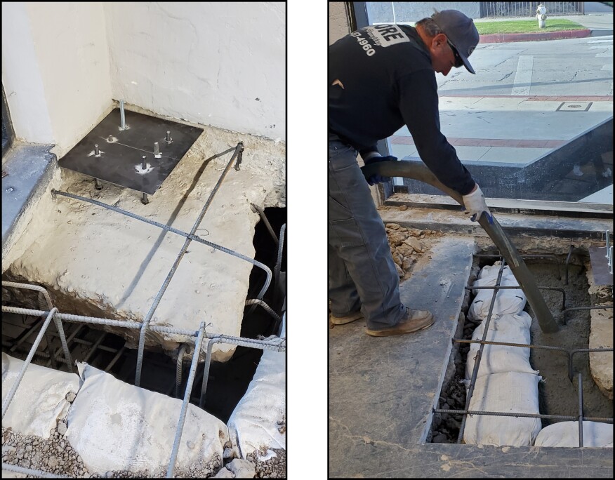 Moment frame. A 1/8-inch-thick steel template (made to correspond to the steel bottom plate) is used to lay out the drilled anchor bolt locations (left). The template holds the all-thread bolts in alignment during the concrete pour (right).