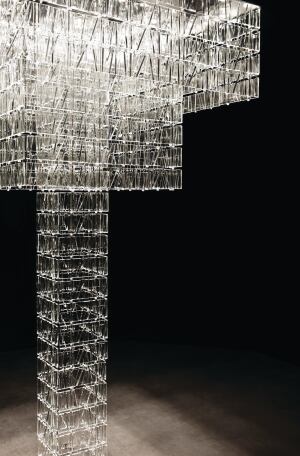 Tile by Fabbian is a building block that allows designers to build chandeliers, room partitions, and focal points. After a specifier determines dimensions and pattern, a custom system is created based on a projects needs. Crystal glass is faceted into a 4"-by-9" clear, blue, or amber tiles that clip into a cable-suspension system. A polished aluminum ceiling channel anchors the cables and also houses the lamping and electrical components. Available with either a halogen 20W MR16 or LEDs with color temperatures ranging from 2,700 K to 6,000 K; RGB LEDs are also available to create static or dynamic colored lighting effects. The modular lighting system was designed by Pamio Design. tile.fabbian.com/en
