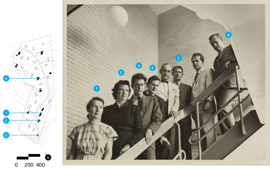 Members of TAC (from left to right) and where they lived at Six Moon Hill: Sally Harkness, Jean Fletcher, Robert McMillan, Norman Fletcher, Walter Gropius, John C. Harkness, Benjamin Thompson, Louis McMillen