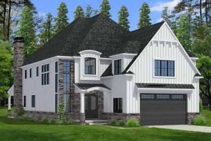 Luxury house plan for a narrow lot, front exterior. See details at Houseplans.