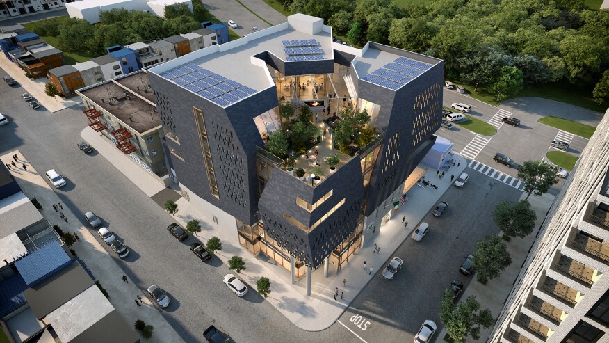 The concept design for the United Irish Cultural Center of San Francisco includes a four-quadrant rooftop, embodying Ireland’s four provinces, and blue Kilkenny limestone sourced directly from the Emerald Isle.