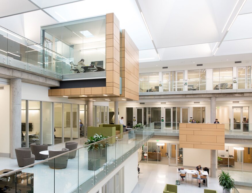 Cantilevered team workrooms and projecting counter areas, both clad in light wood, act as vertical reflectors of daylight that filters down from the deep skylight wells above.