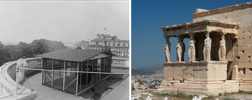 Left: Sleeping porch on the roof of the White House (circa 1909 to 1932); right: Porch of the Maidens at the Acropolis, Athens.