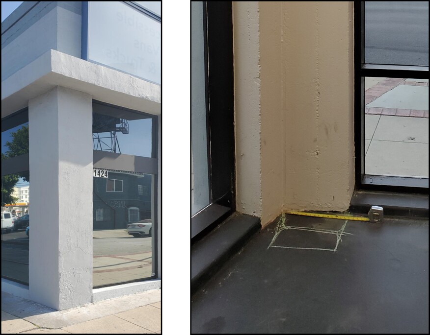 Moment frame. One of the two concrete pillars supporting a Z-shaped lintel (left). Column layout for the new moment frame, south corner (right).