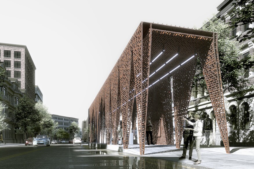 The Serriframe walkway canopy proposal uses laser-cut weathered steel to replicate the form of bricks with mortar joints.