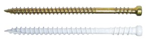 GRK's RT composite trim head screws have a special reverse thread near the head to prevent mushrooming. They're available in stainless steel, with a white powder-coated finish, or with the manufacturer's Climatek coating, which is AC257 approved for use with treated lumber.