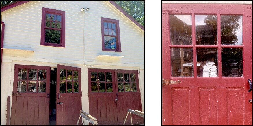 Installed on the gable-end wall (left), the doors were hard to operate, both headers were sagged, and the foot-wide support wall separating the two sets of doors was rotted at the bottom. The existing doors were hinged doors and the homeowners wanted them replaced in kind (right).