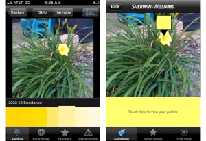 After loading a photo, users can touch different areas of the image to select specific colors. The Ben app (left) shows a range of colors including the slected color, while the ColorSnap app highlights the one specific color chosen.