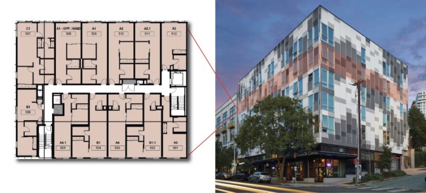 The Cove squeezes 50,000 square feet of livable space onto a 9,000-square-foot parcel. That necessitated creativity from designers, who laid out units like interlocking jigsaw pieces and who added light and expansiveness to the economical spaces with large corner-wrapped windows.