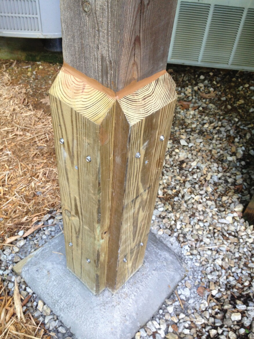 This UC4A-treated 6x6 southern pine post has been repaired using UC4B-treated 2x6 cleats and ¼-inch-by-3-inch structural fasteners. Note that the cleats as well as the concrete have been sloped to shed water.