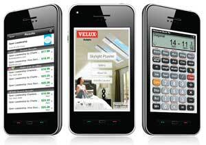 POCKET UTILITY: Builders and contractors are finding lots of useful smart phone applications for their work. Red Laser (left) scans barcodes and then reports who's selling the same product at what price. Velux (center) created a tool that can show how its skylights would look in a customer's home. And Calculated Industries (right) offers a smartphone version of its Construction Master Pro calculator.