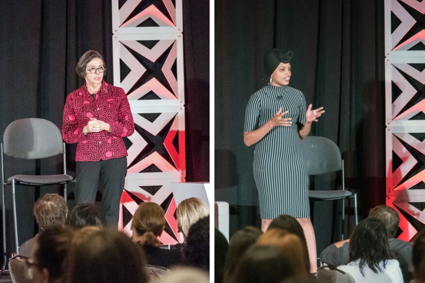 Author, business leader, and architect Leslie Gallery-Dilworth, FAIA, (left) and Elmalaz Design designer Malaz Elgemiabby (right) were two of the six impassioned storytellers at WLS.