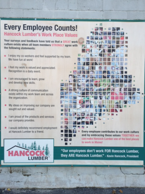 "Every Employee Counts" sign at Hancock Lumber