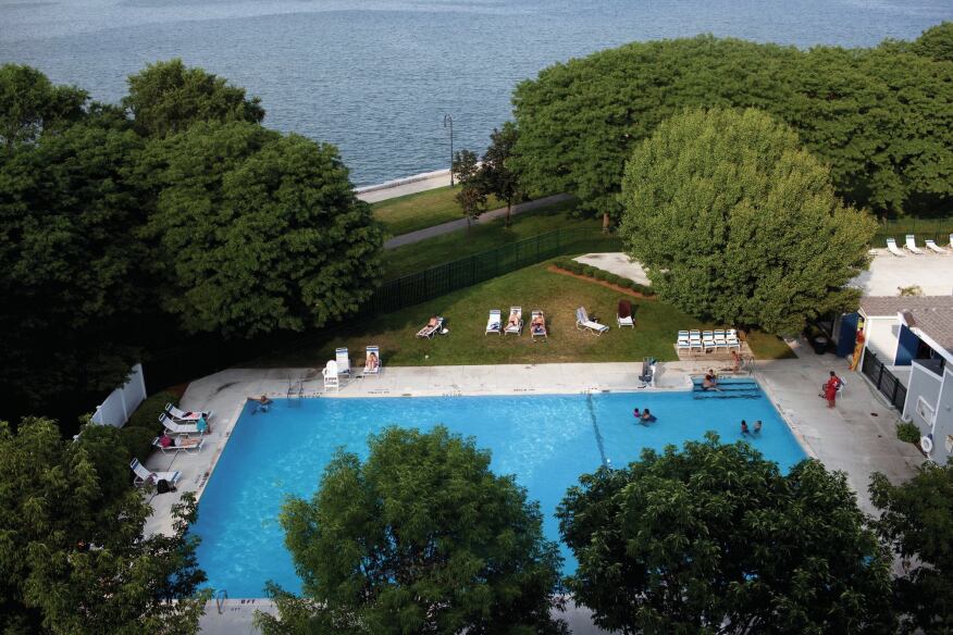 The outdoor pool at Harbor point fronts the old harbor.