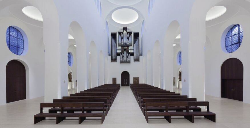 A view of the main nave looking back toward the entrance.