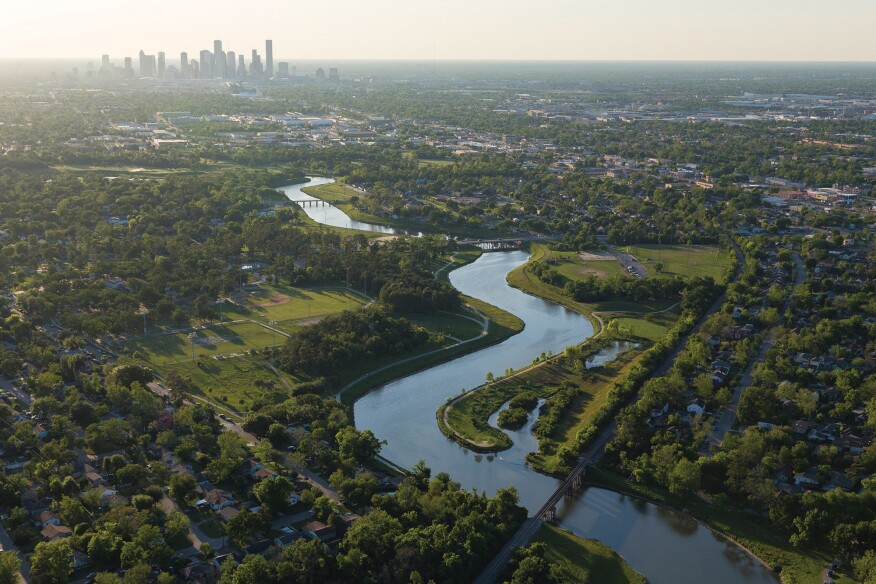 An aerial of bayou greenways