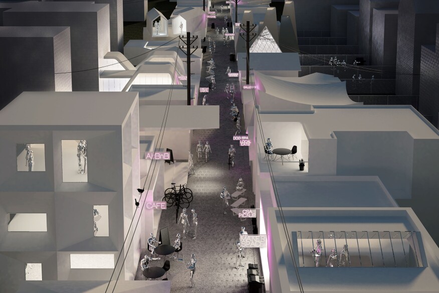 First displayed at the 2016 “50 Designers, 50 Ideas, 50 Wards” exhibition at the Chicago Architecture Center, the firm’s Rebel Garages research conceives a city alleyway as an alternative community space.