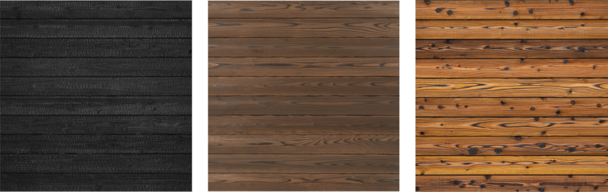 Three variations of Nakamoto Forestry’s yakisugi. From left: Suyaki (unbrushed), Gendai (brushed once), Pika-Pika (brushed twice).