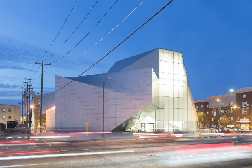 View of the Institute for Contemporary Art at VCU from Belvidere Street at dusk.