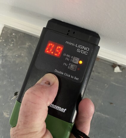 The scale on the author’s Mini-Ligno is set in the drywall range, for which 1% moisture content (MC) is the trigger point; a value that 1.0 would indicate an elevated moisture condition in drywall.