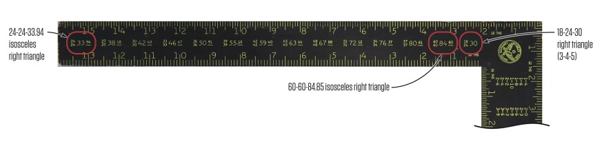 The first entry on the far left-hand side of the brace table indicates an isosceles right triangle with two sides that measure 24 (of any unit of measure) and a hypotenuse that measures 33.94 (in the same unit of measure). Each of the following 12 entries is the same triangle but with different dimensions. The final entry on the far right-hand side of the brace table is a basic 3-4-5 right triangle, in this case with sides measuring 18 and 24 and a diagonal of 30.