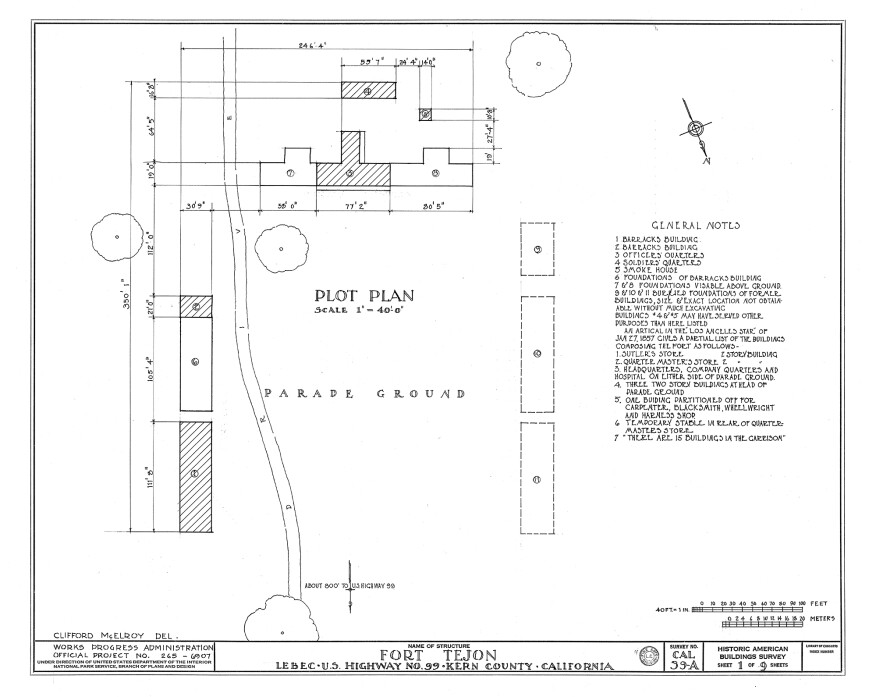 Site plan showing remaining buildings, adobe ruins, and foundation holes. Click to enlarge.
