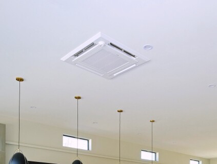 This ceiling cassette can be used for large spaces. It moves air in four directions and includes an infrared sensor that can detect heat signatures in the room and direct air flow away from or toward people, depending on their comfort preferences.