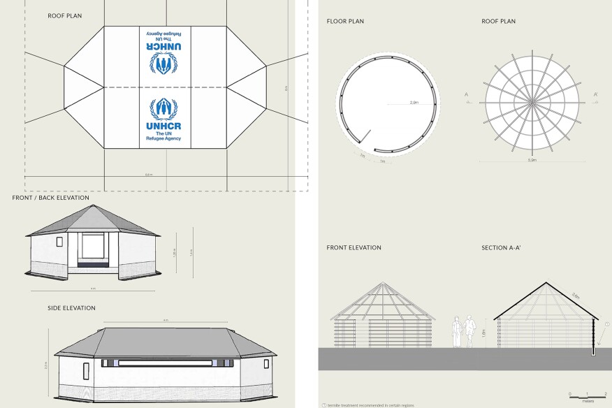 A UNHCR Family Tent (left), and a Tukul Shelter from South Sudan