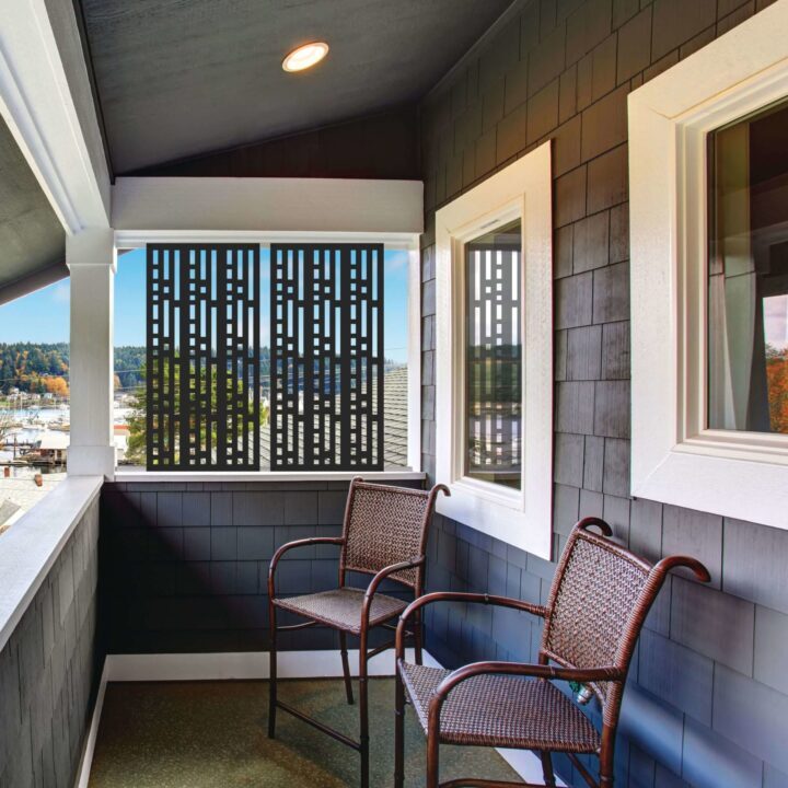 Barrette Outdoor Living introduced a series of decorative panels. Available in two sizes—2- x 4- and 3- x 6-feet—the aluminum panels can be installed a privacy screens (as shown here), integrated into the company's deck railing, or used as below-deck "lattice."