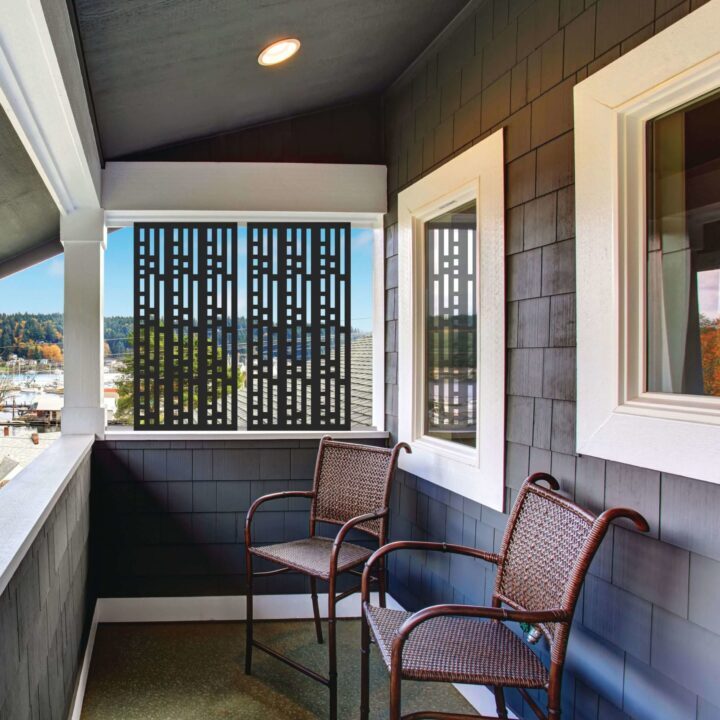 Barrette Outdoor Living introduced a series of decorative panels. Available in two sizes—2- x 4- and 3- x 6-feet—the aluminum panels can be installed a privacy screens (as shown here), integrated into the company&#39;s deck railing, or used as below-deck &quot;lattice.&quot;