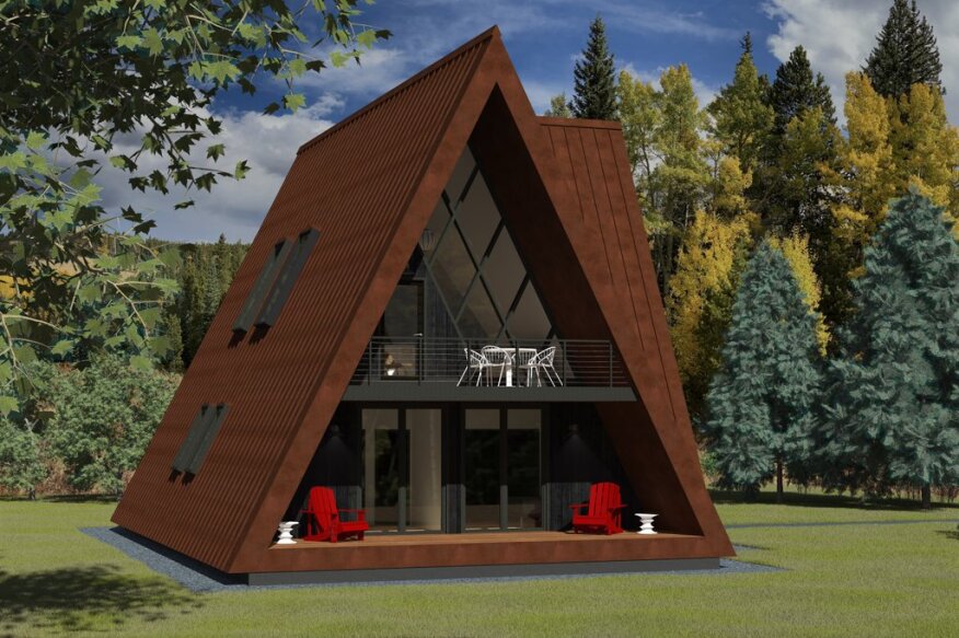 A-Frame House Plan with Kitchen Upstairs, Front Exterior. See Details at Houseplans.com.