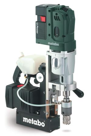 Cut steel with Metabo's cordless drill press that uses a super-strong magnet
