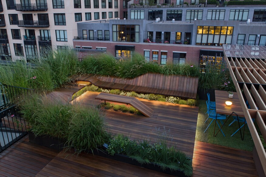 “Postured Assembly,” a 2016 residential roof deck project modeled after a xylophone—assembled with interlocking joints, no screws or fasteners required—in a historic Boston neighborhood.