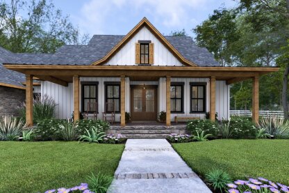 Country cottage house plan with porch, front exterior. See details at Houseplans.