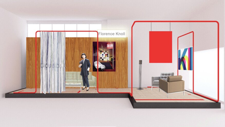 A collage of the "Florence Knoll" installation at Knoll and OMA's "Knoll Celebrates Bauhaus" exhibit on display from April 9 through April 19 in Milan.