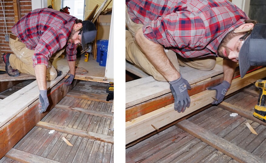 Here, Hovious snaps a cut line along the laser line (above left), then screws a ledger guide to the joist (above right).